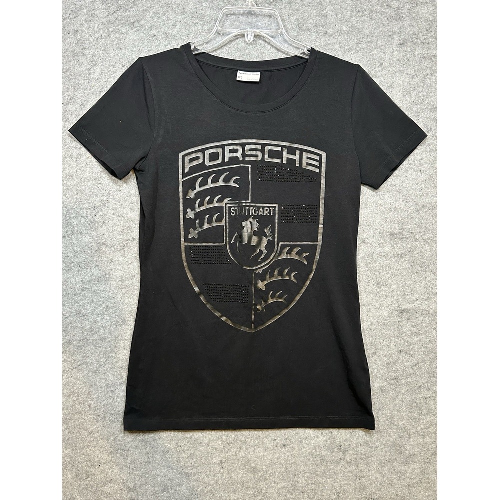 Porsche Driver's Selection Women's L Black Stuttgart Crest Rhinestone Logo Tee